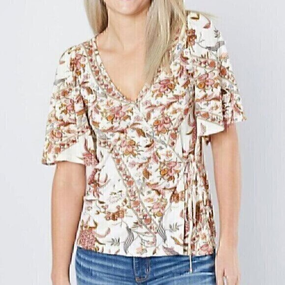 LUCKY BRAND Floral Print Wrap Top Cream Ivory Multi Short Sleeve Boho Surplice M - Picture 1 of 13